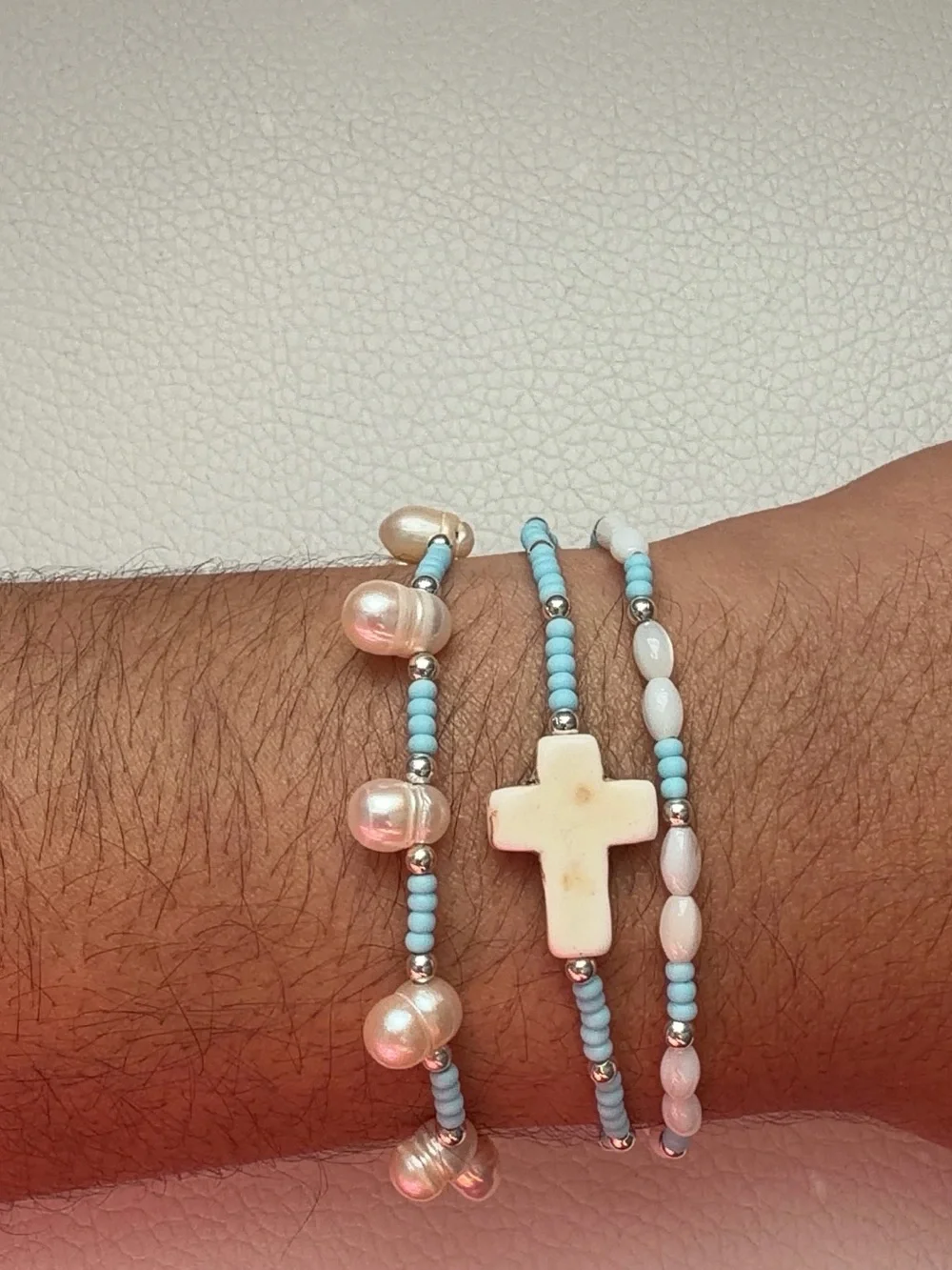Light Blue Beaded Pearl Cross Bracelet Set